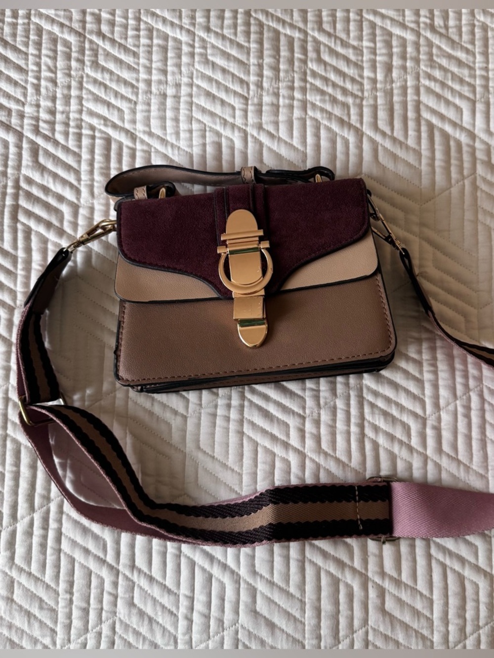 Structured Burgundy and Taupe Colorblock Crossbody Bag